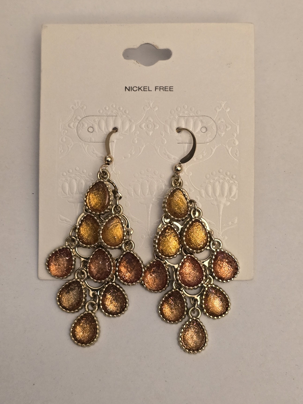 Boho Gold Chandelier Earrings - Amber Bronze Glitter Teardrop - Nickel Free